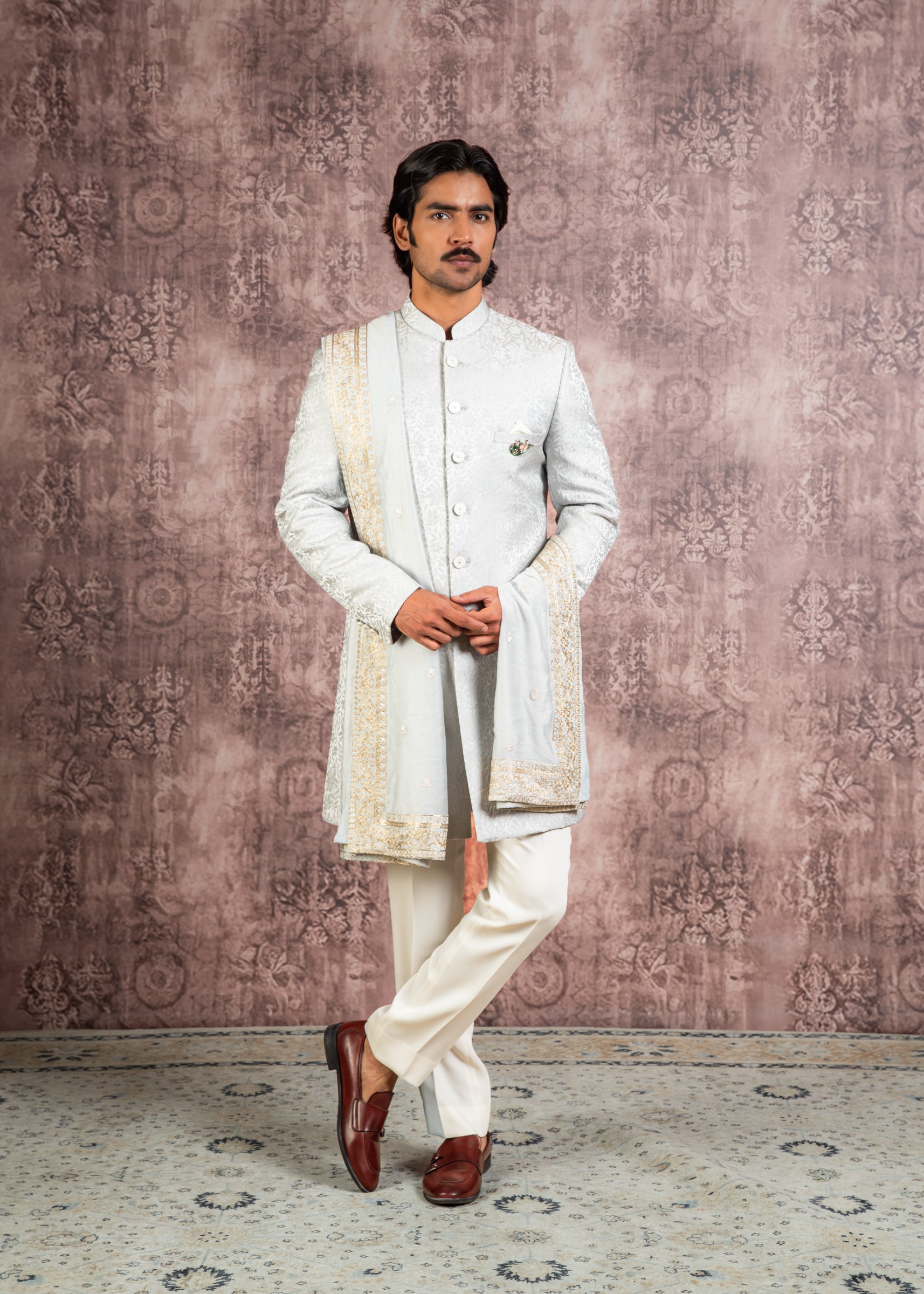 Grey jacquard indowestern with stole