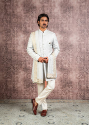 Grey jacquard indowestern with stole