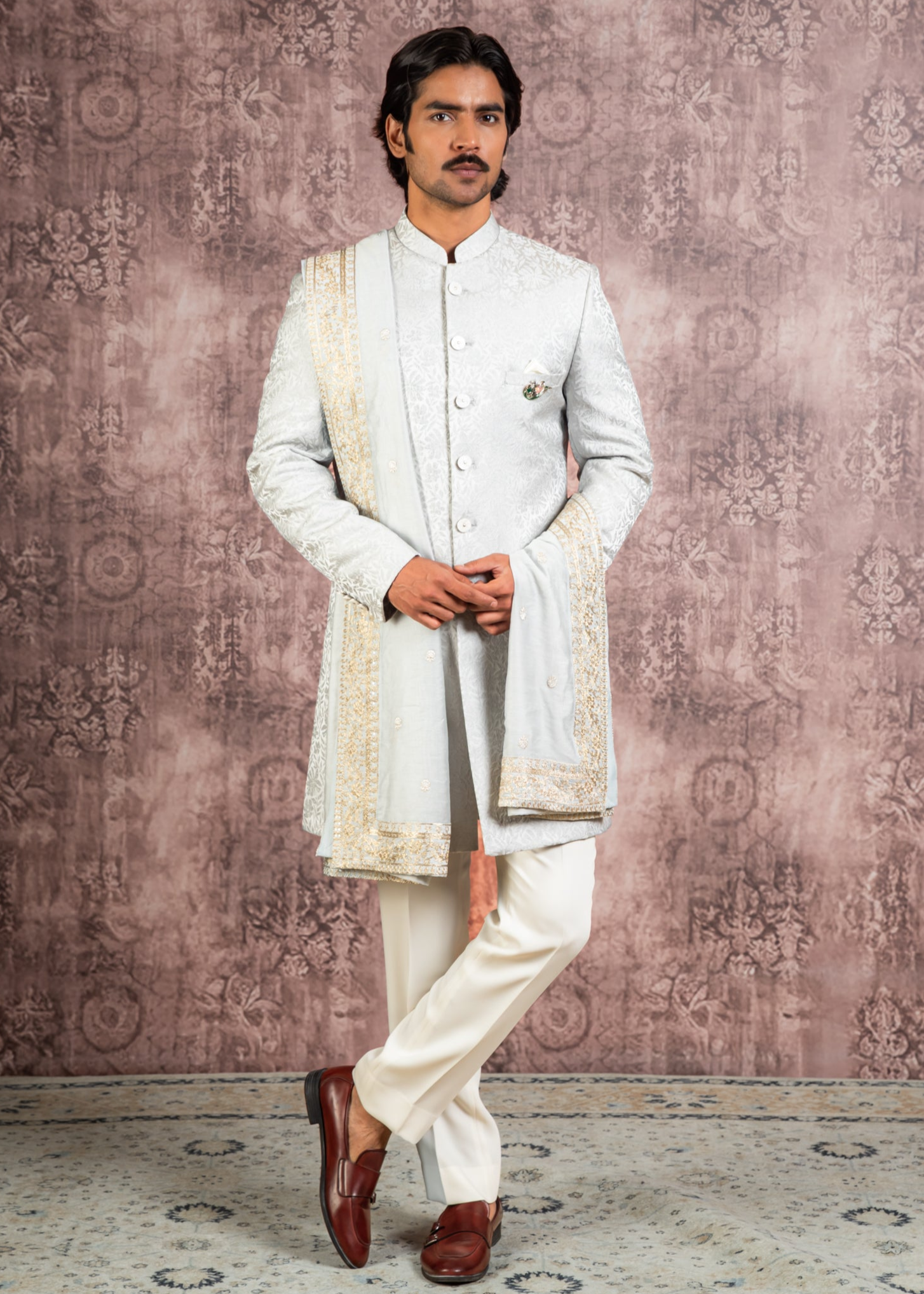 Grey jacquard indowestern with stole