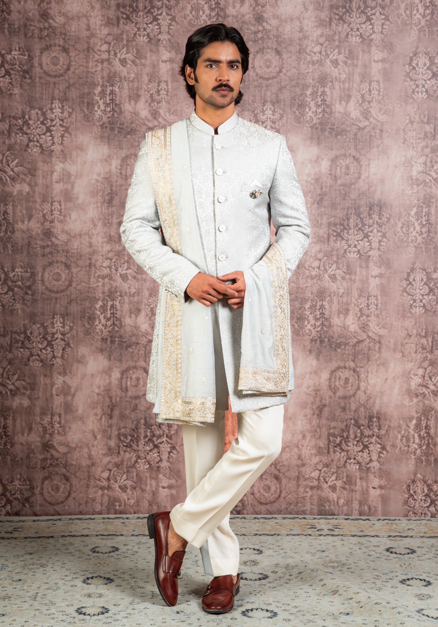 Grey jacquard indowestern with stole