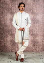 Grey jacquard indowestern with stole
