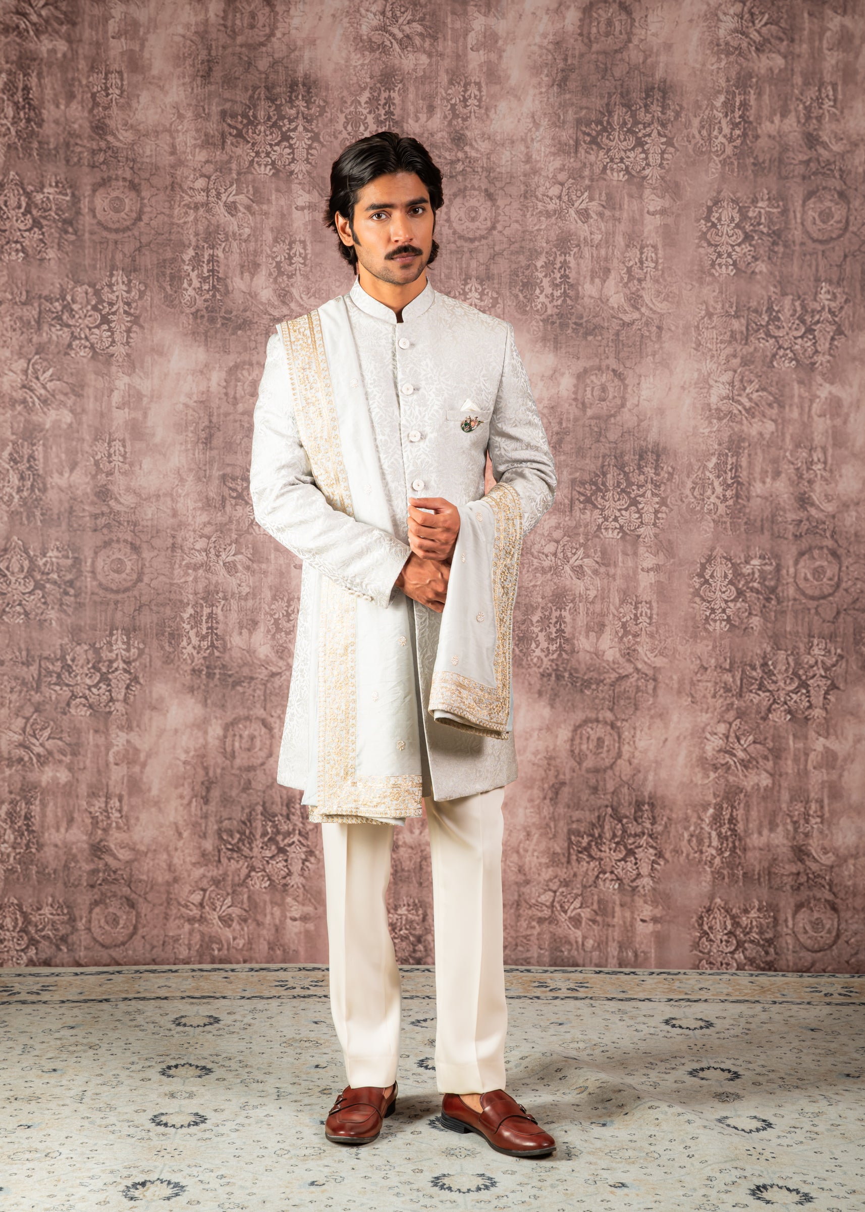 Grey jacquard indowestern with stole