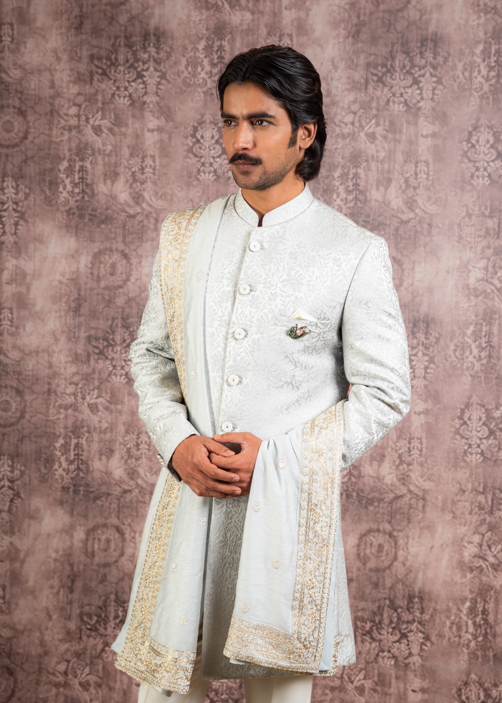 Grey jacquard indowestern with stole