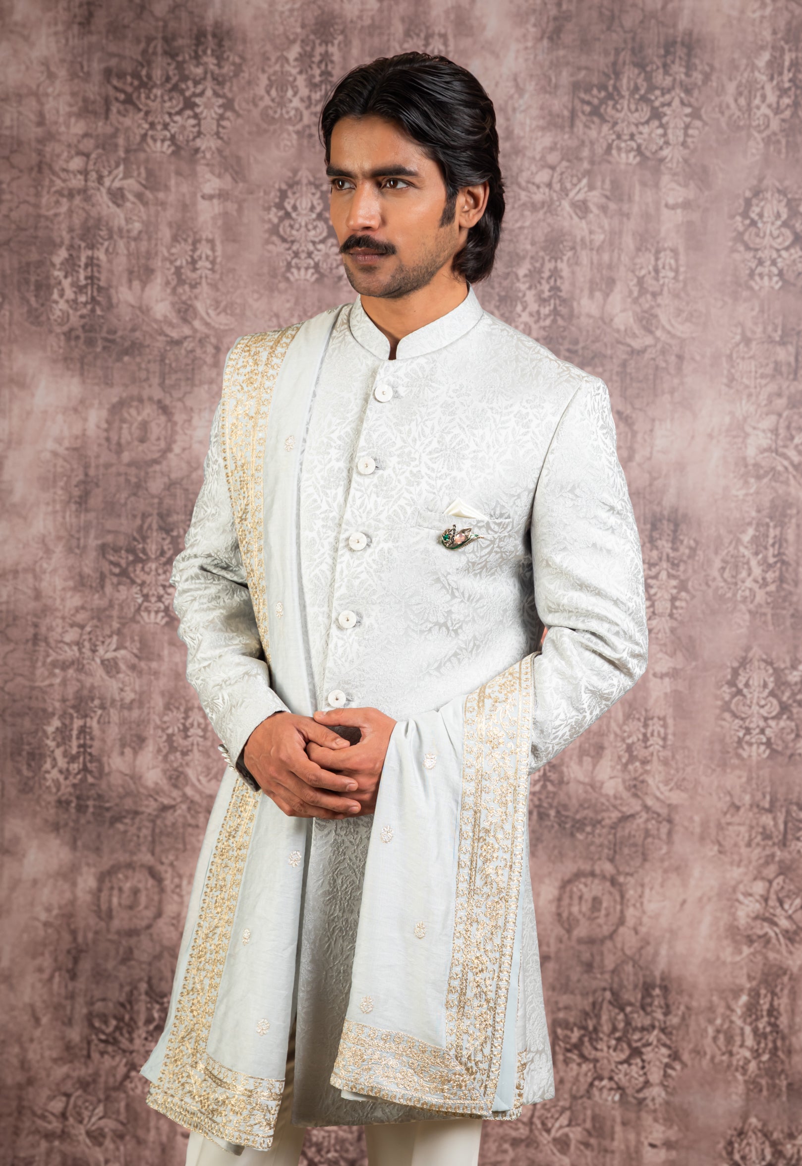 Grey jacquard indowestern with stole