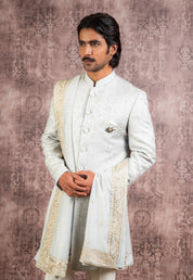 Grey jacquard indowestern with stole