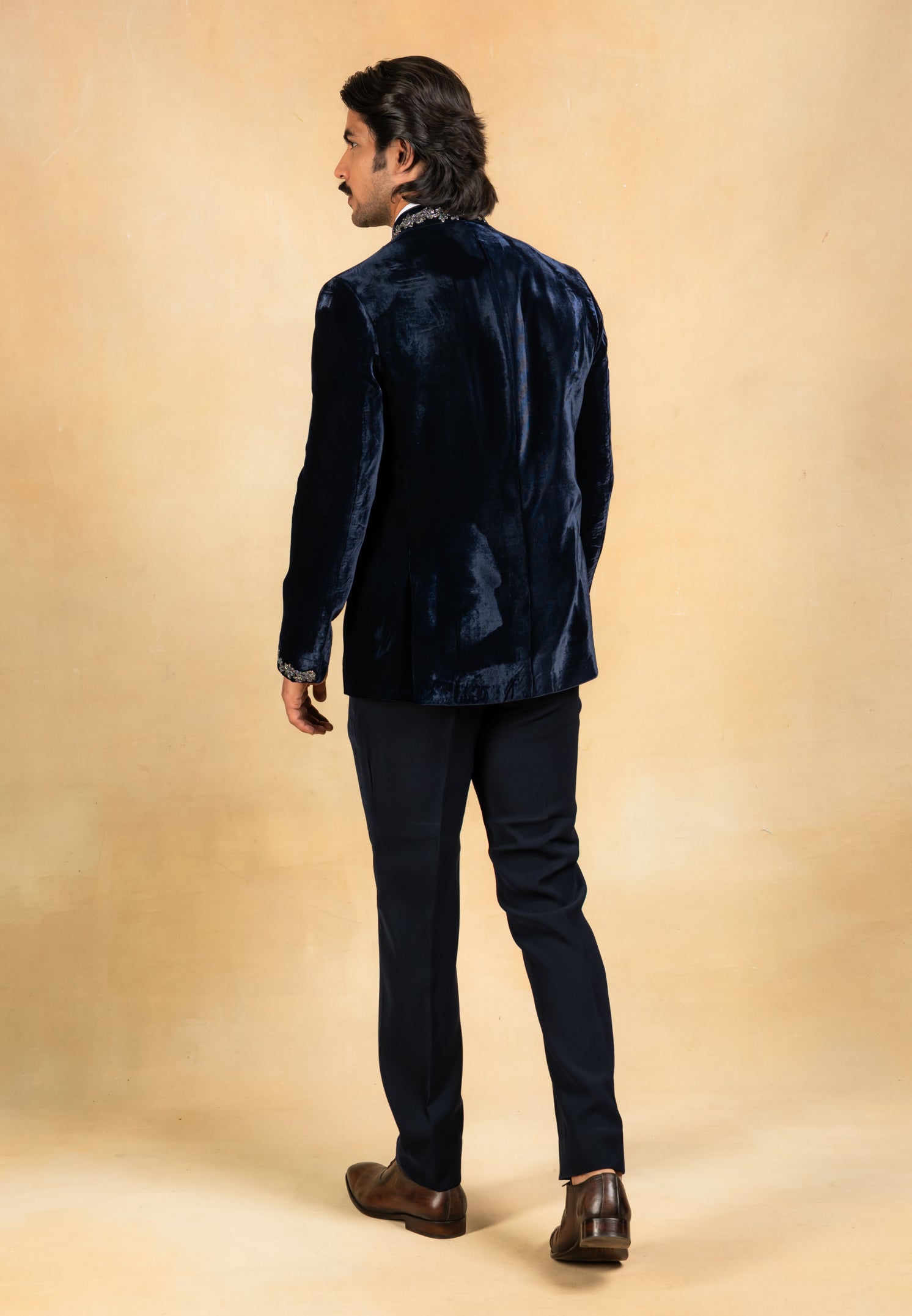 Hand embroidered navy blue velvet tuxedo