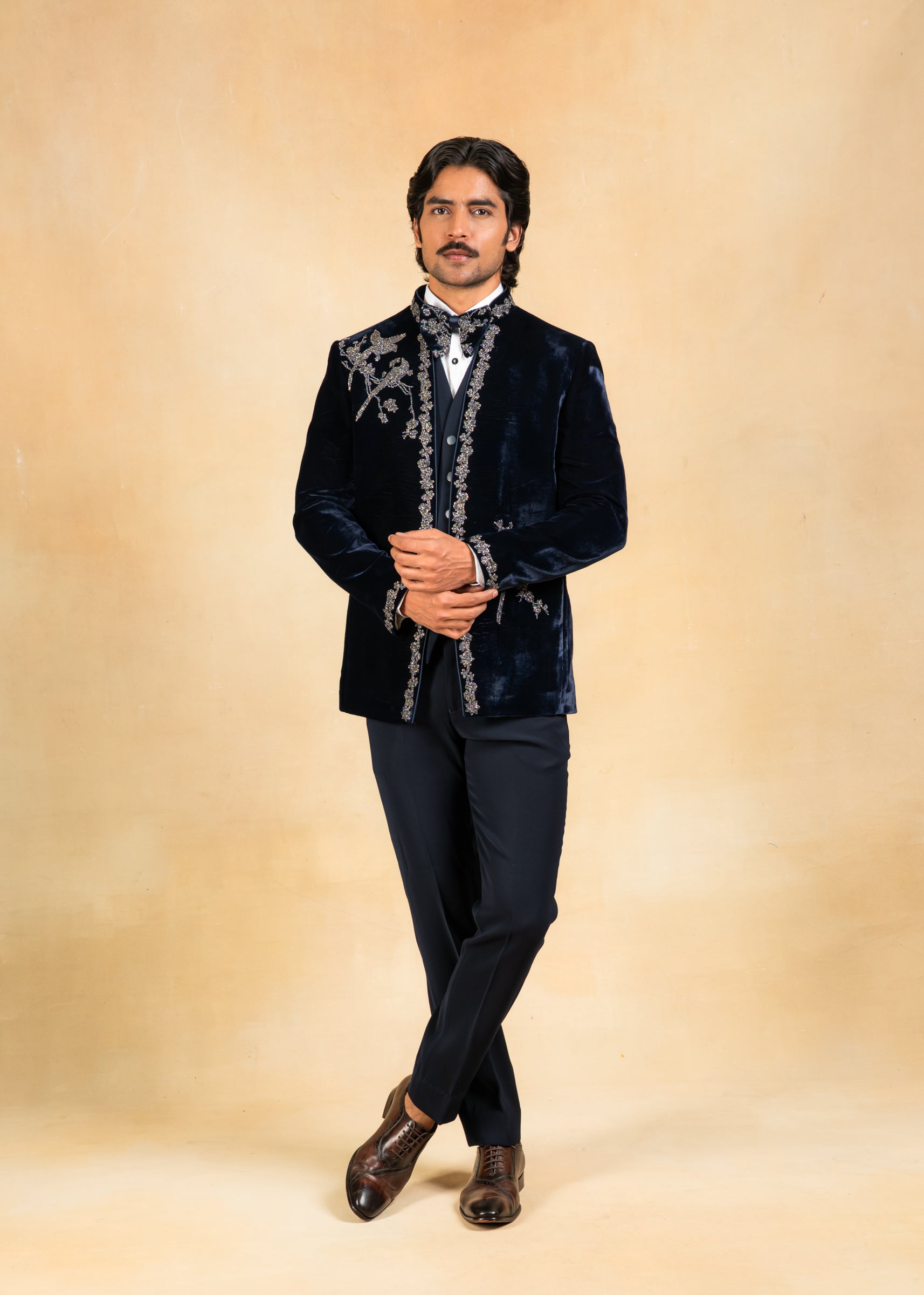 Hand embroidered navy blue velvet tuxedo