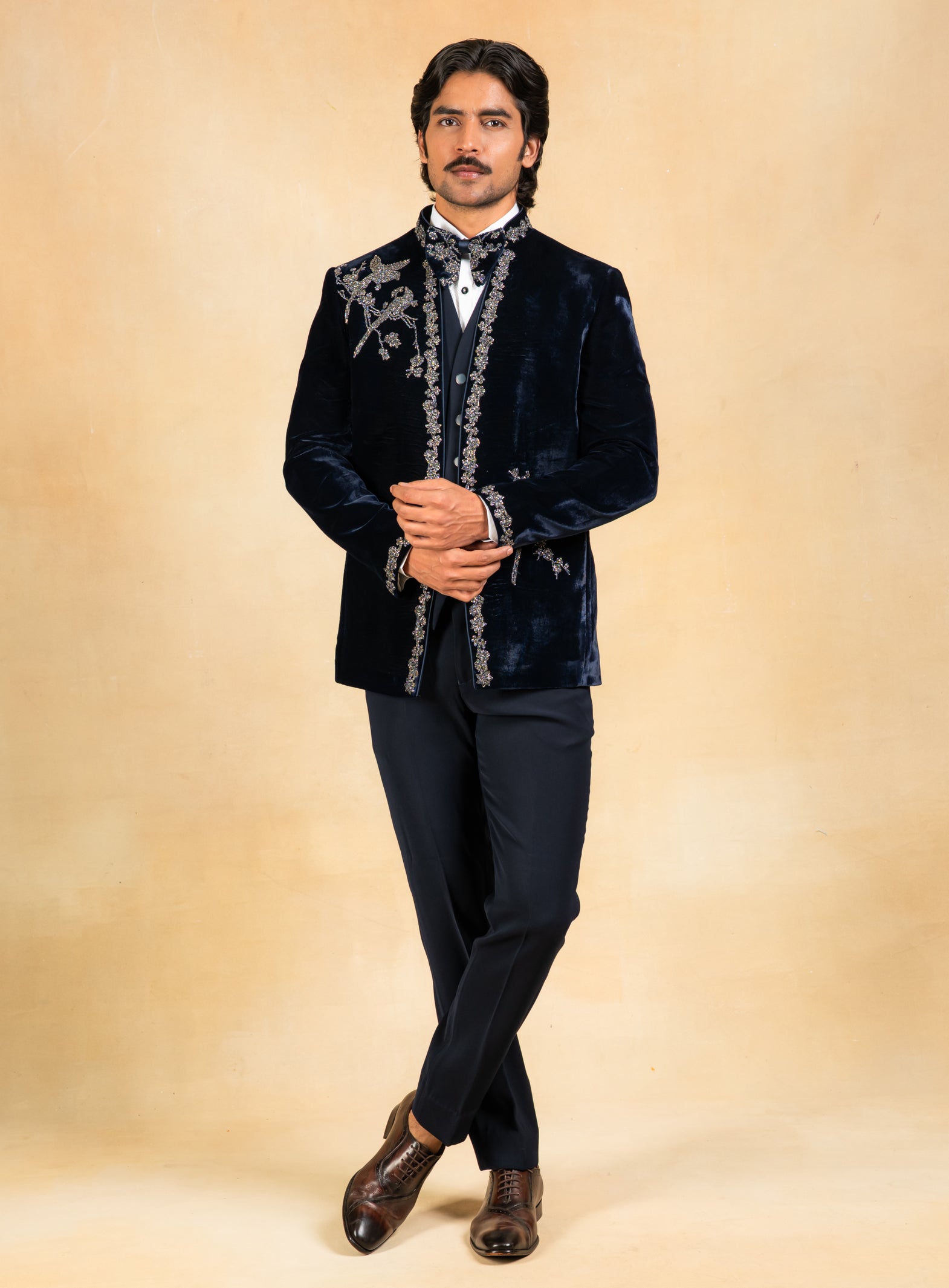 Hand embroidered navy blue velvet tuxedo