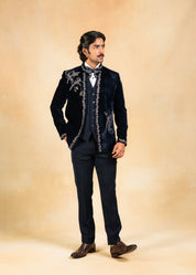 Hand embroidered navy blue velvet tuxedo