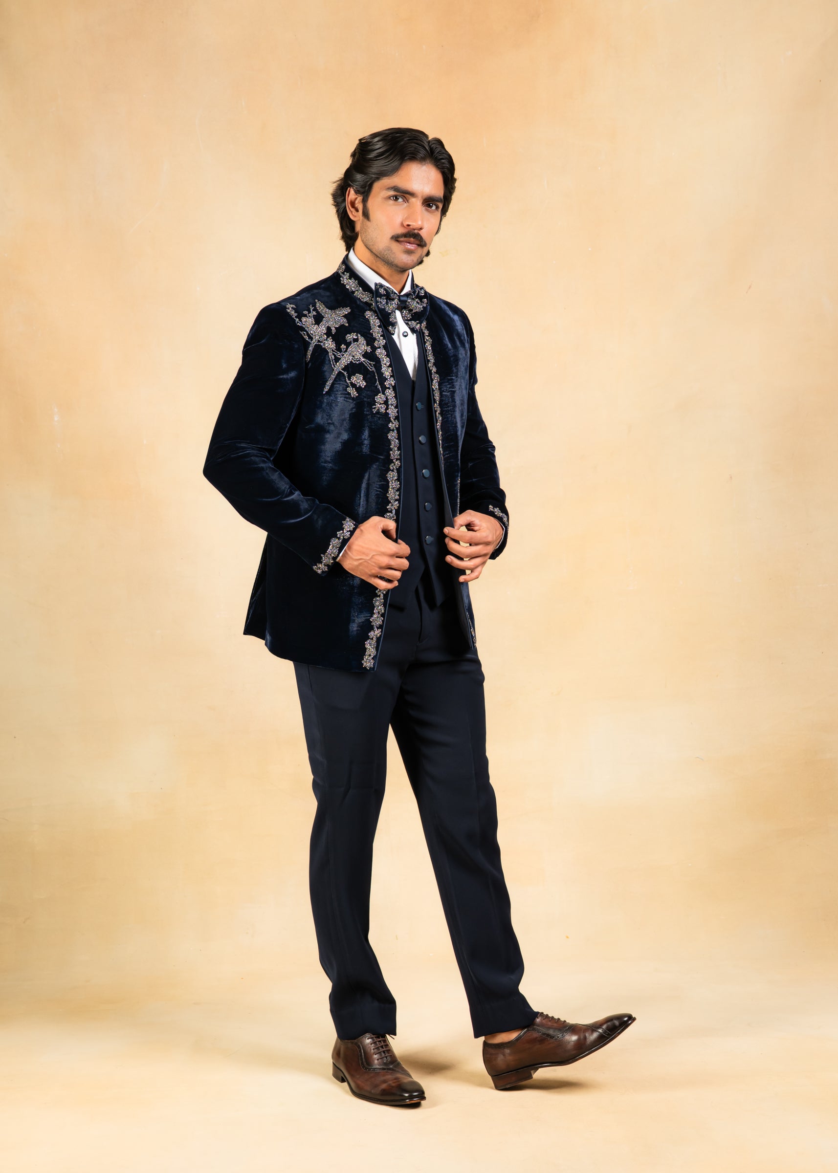 Hand embroidered navy blue velvet tuxedo