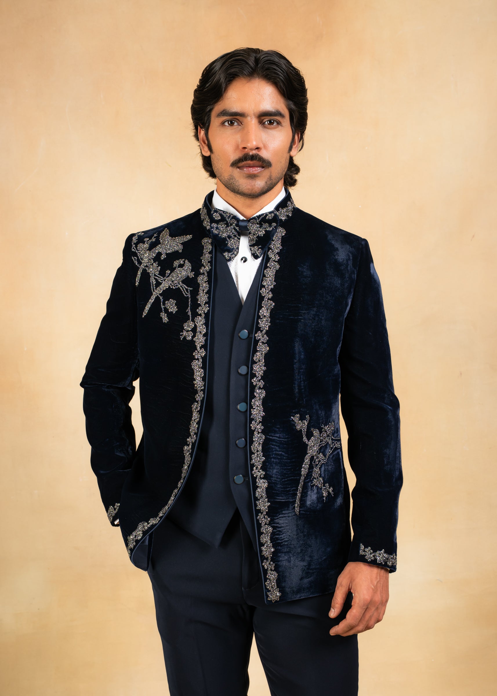 Hand embroidered navy blue velvet tuxedo