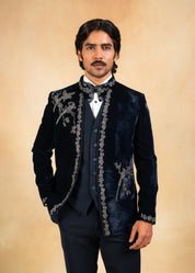 Hand embroidered navy blue velvet tuxedo