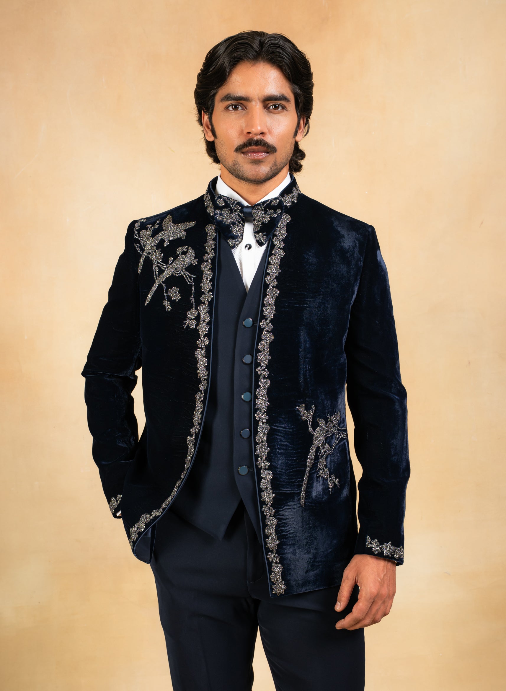 Hand embroidered navy blue velvet tuxedo