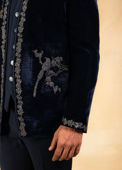 Hand embroidered navy blue velvet tuxedo