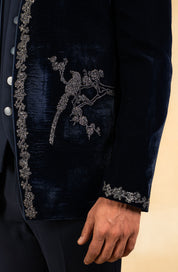 Hand embroidered navy blue velvet tuxedo