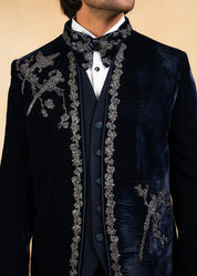 Hand embroidered navy blue velvet tuxedo