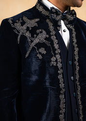 Hand embroidered navy blue velvet tuxedo
