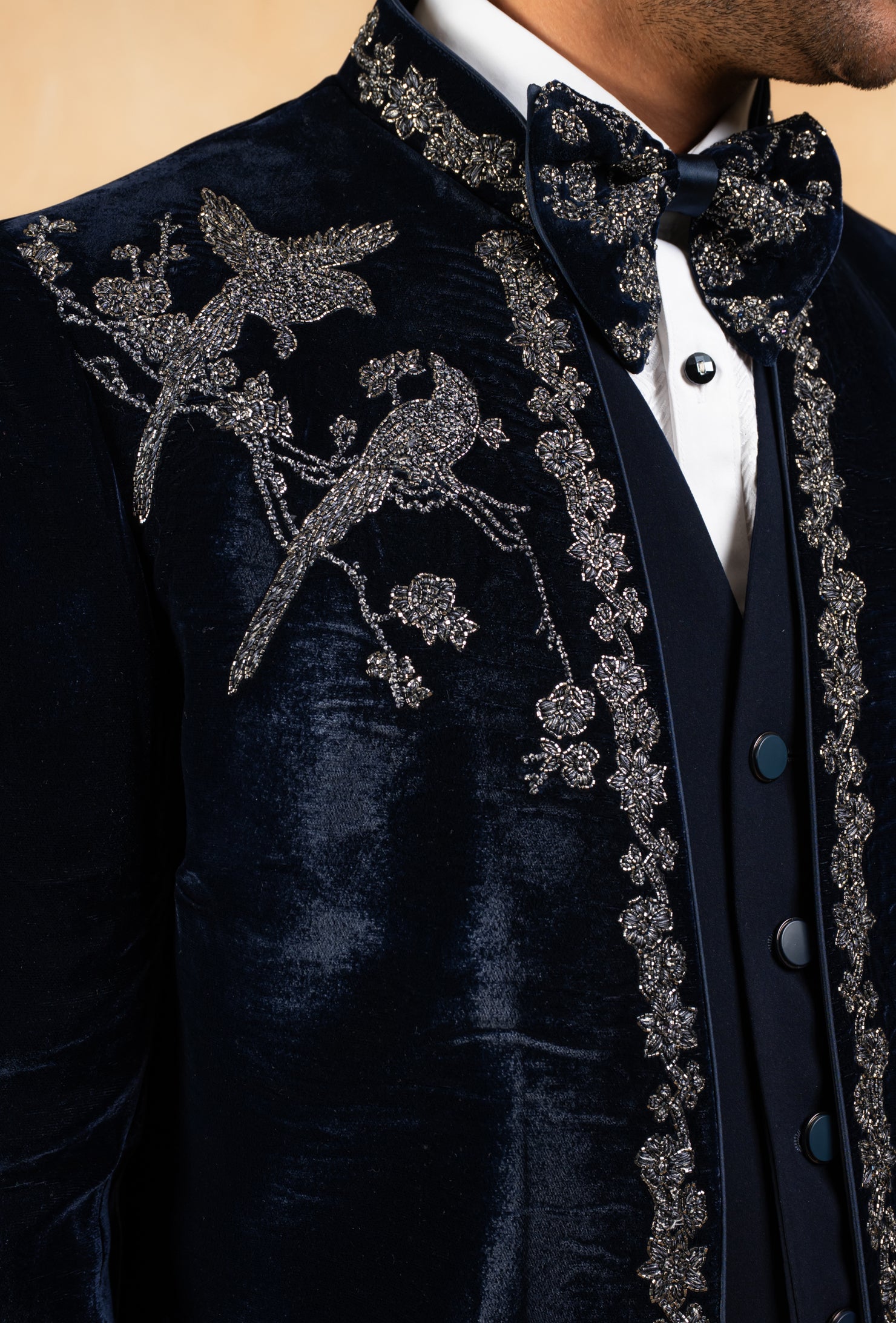 Hand embroidered navy blue velvet tuxedo