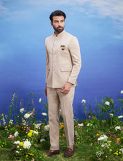 Beige Herringbone structured Bandhgala suit for men, blending traditional elegance with modern structured design, suitable for weddings.