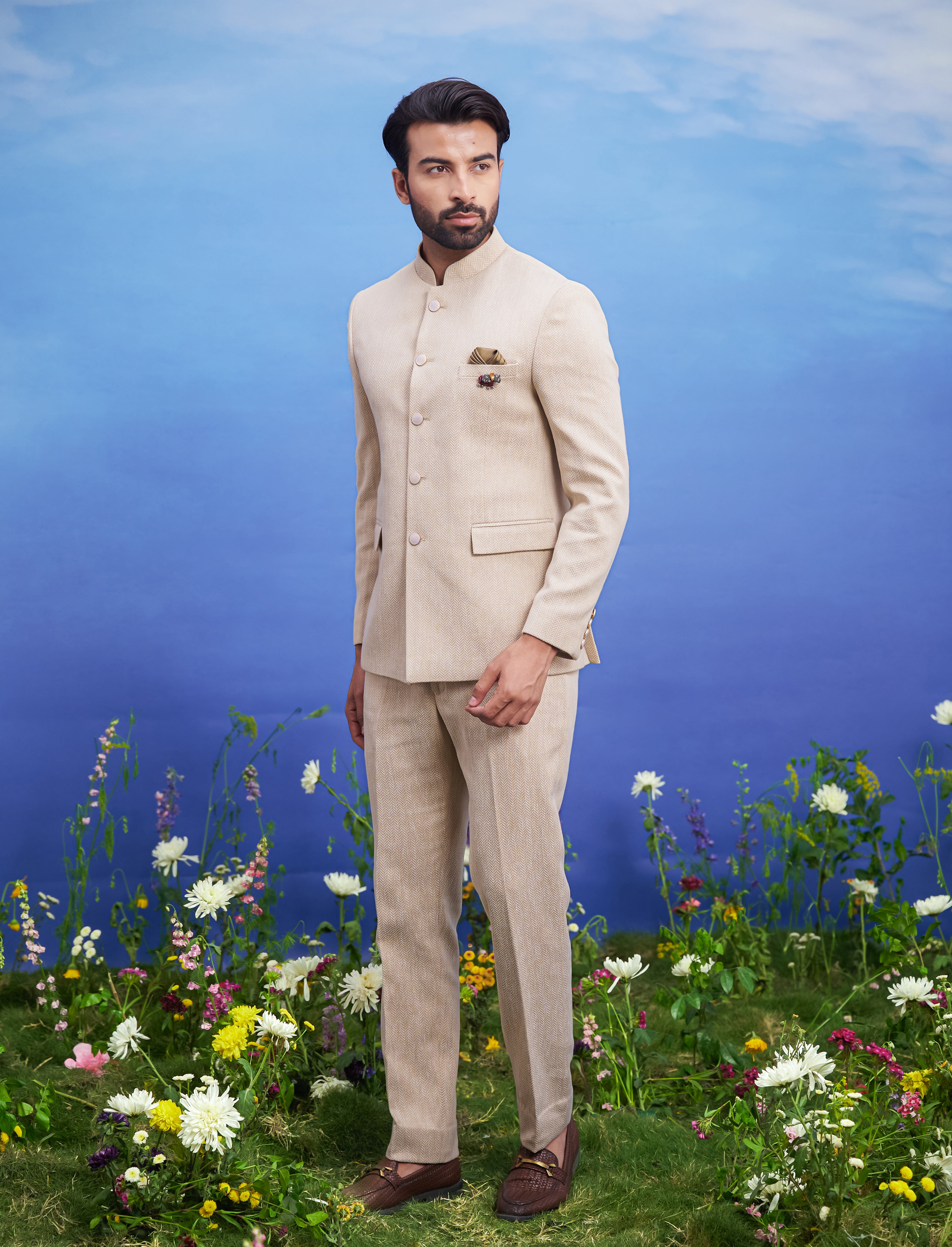 Beige Herringbone structured Bandhgala suit for men, blending traditional elegance with modern structured design, suitable for weddings.