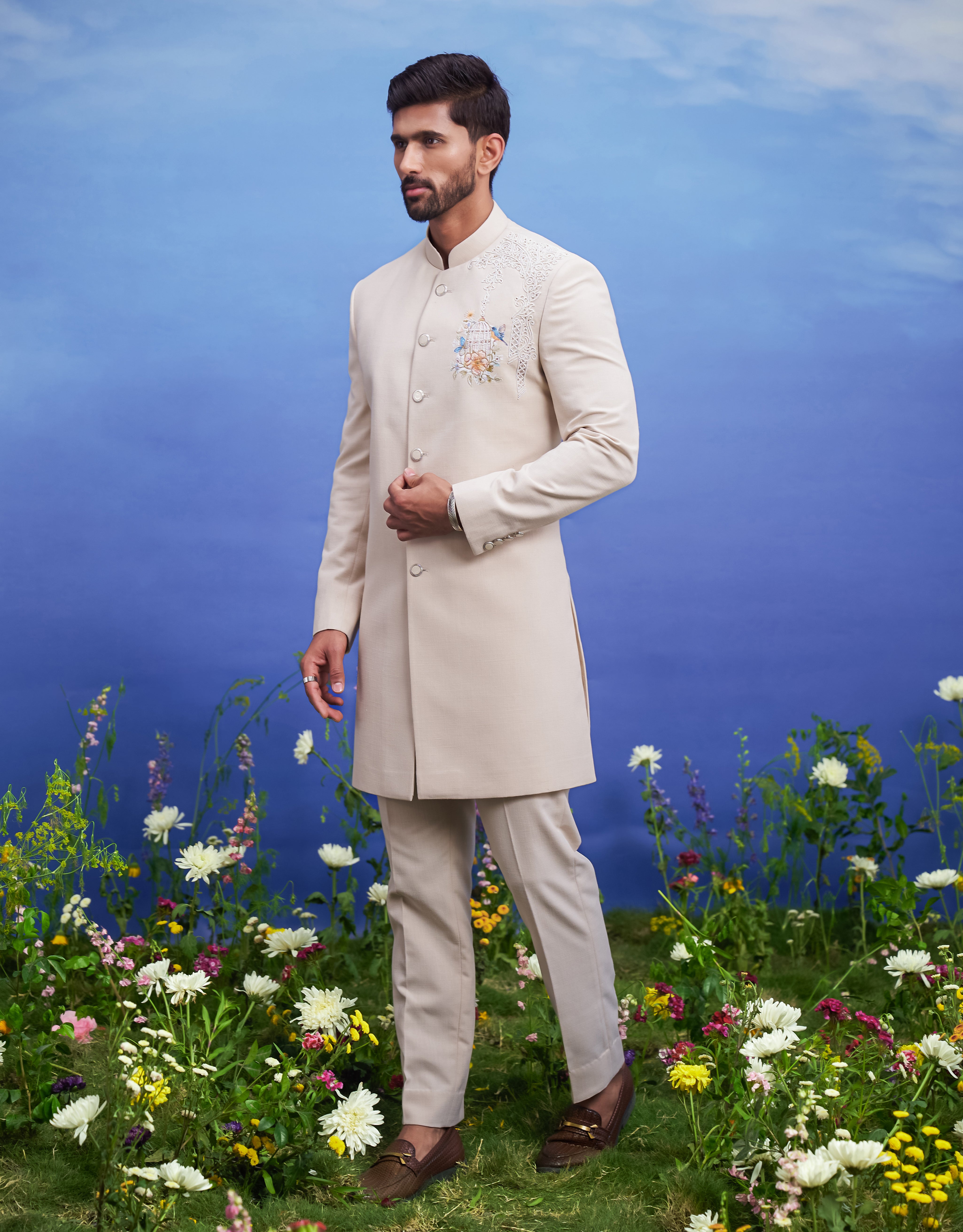 Men's Indo-Western attire, suitable for weddings and festivals, available in sizes 36 to 44 and custom.