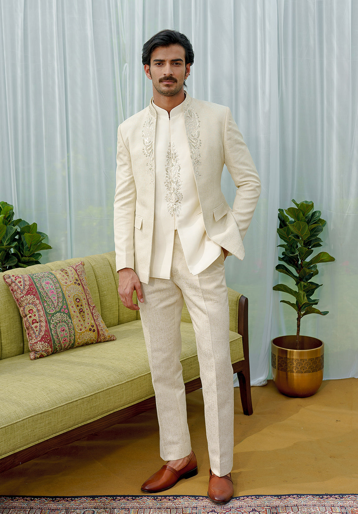 Ivory Hand Embroidered Bandhgala Suit