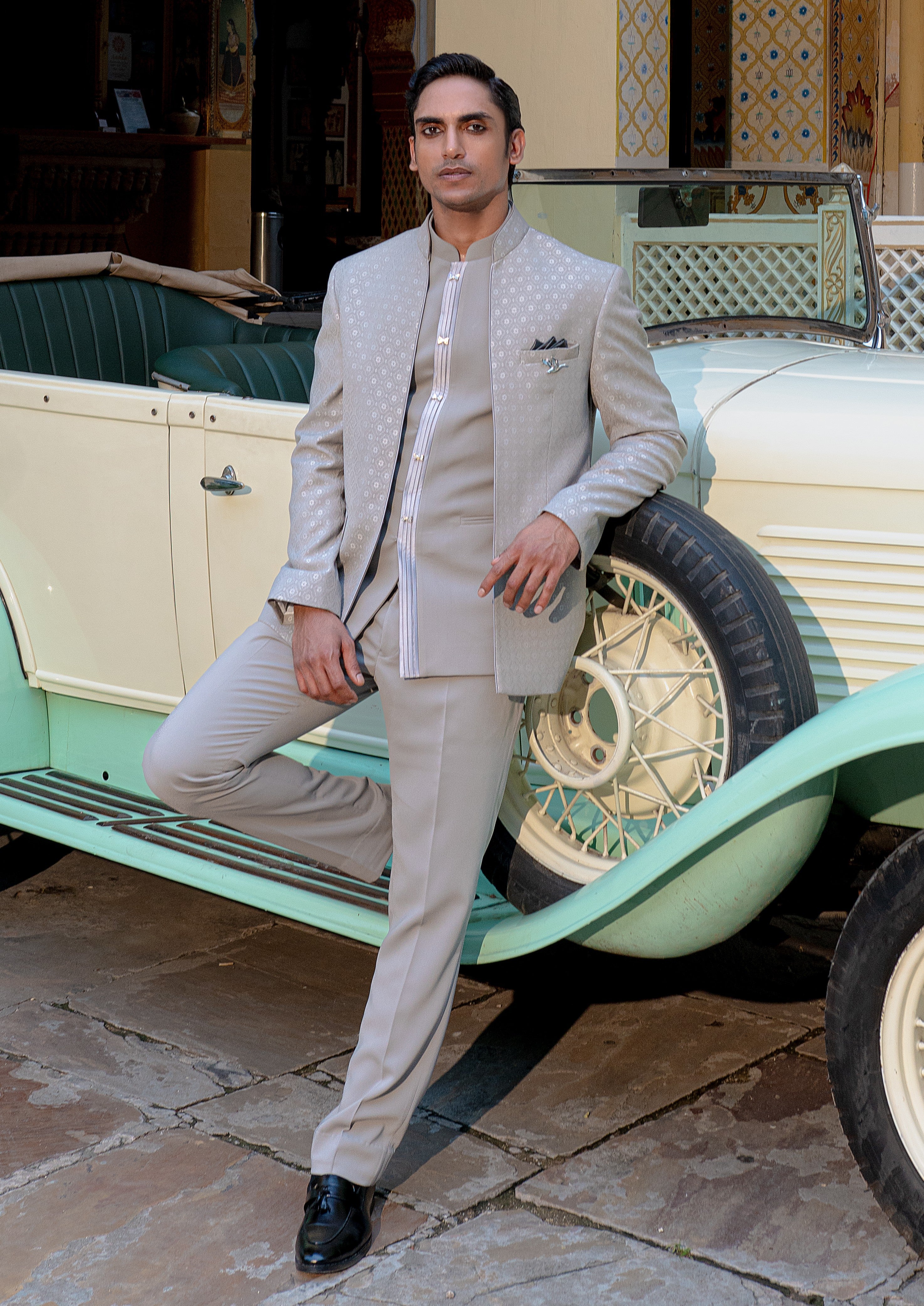 L. Grey Jacquard Bandhgala Suit
