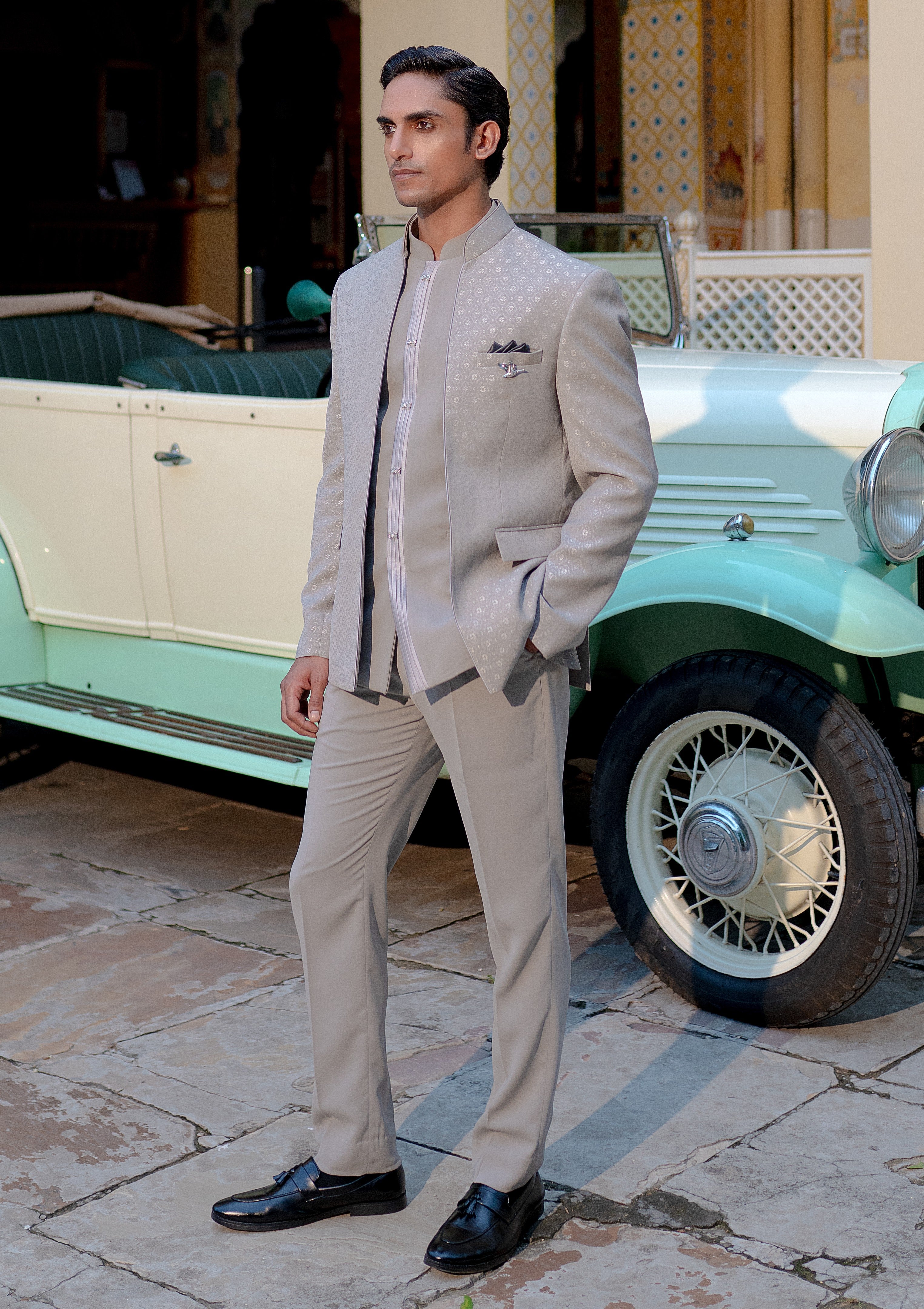 L. Grey Jacquard Bandhgala Suit
