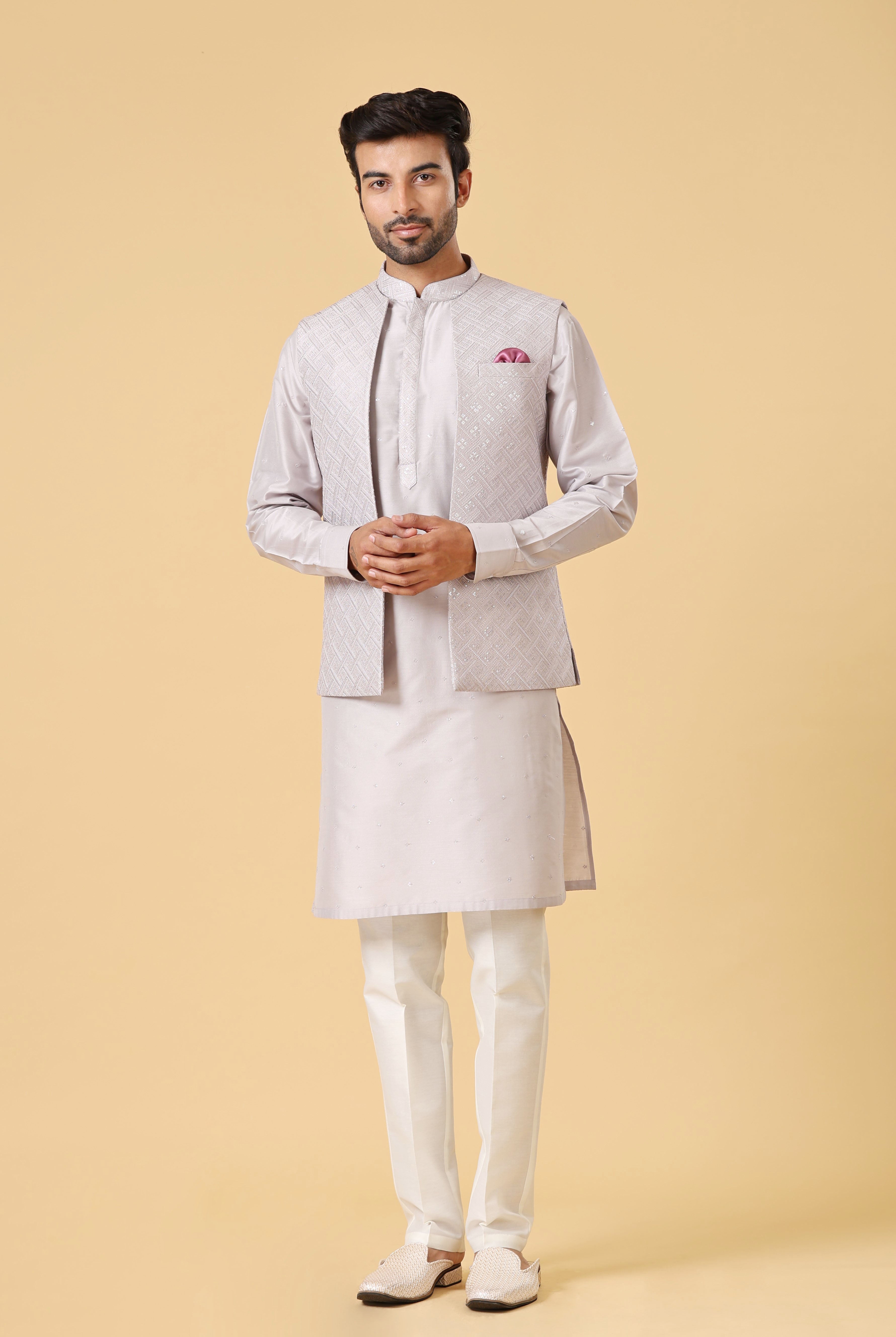 Men&#39;s Light Grey Fully Embroidered Kurta Jacket Set - Traditional Indian Attire

