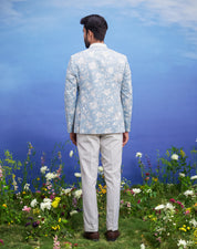Light blue linen open Bandhgala suit for men, blending traditional elegance with modern open front styling, suitable for weddings.