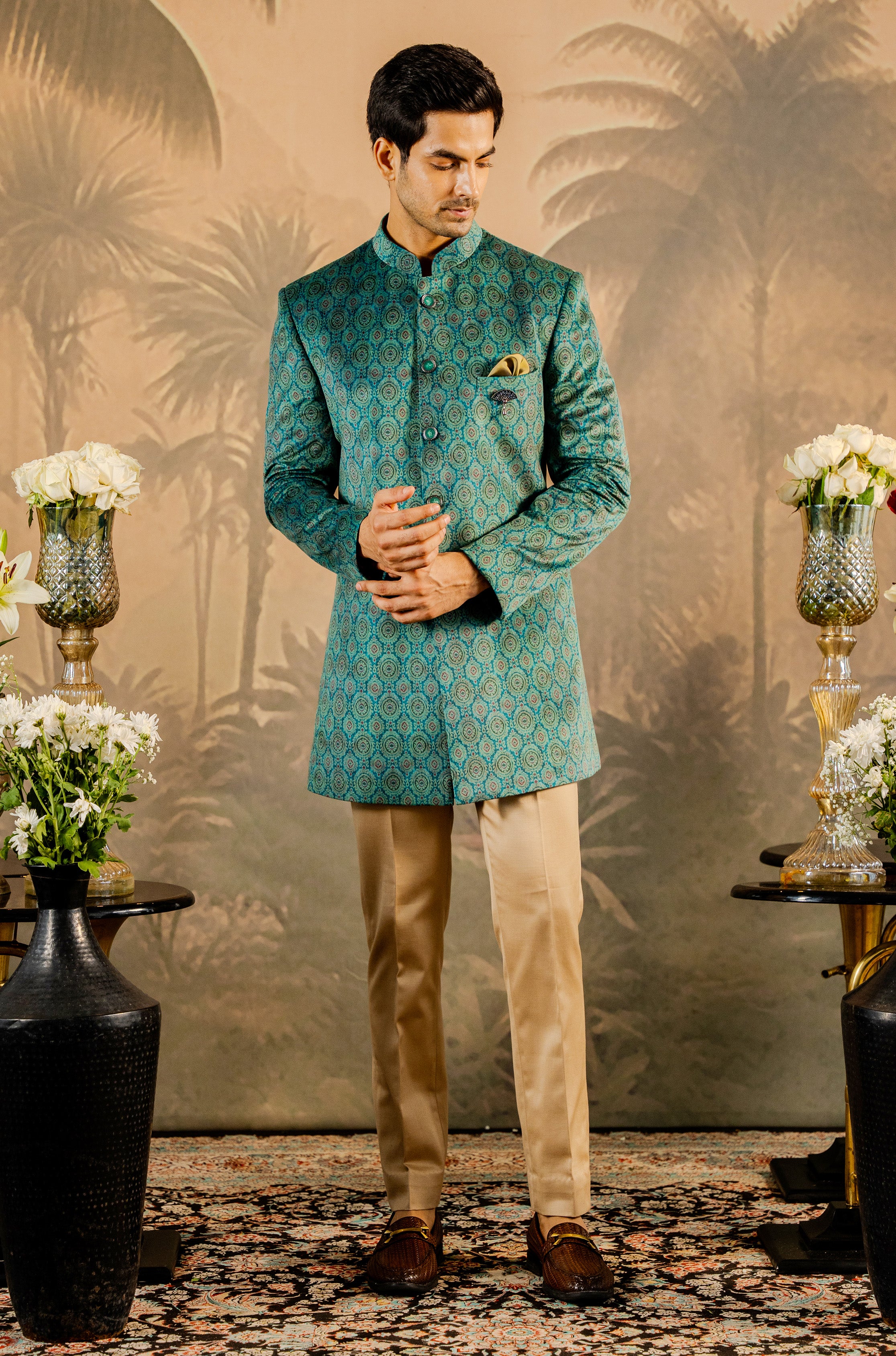 Timeless Long Green Velvet Bandhgala with Intricate Print for a Regal Look



