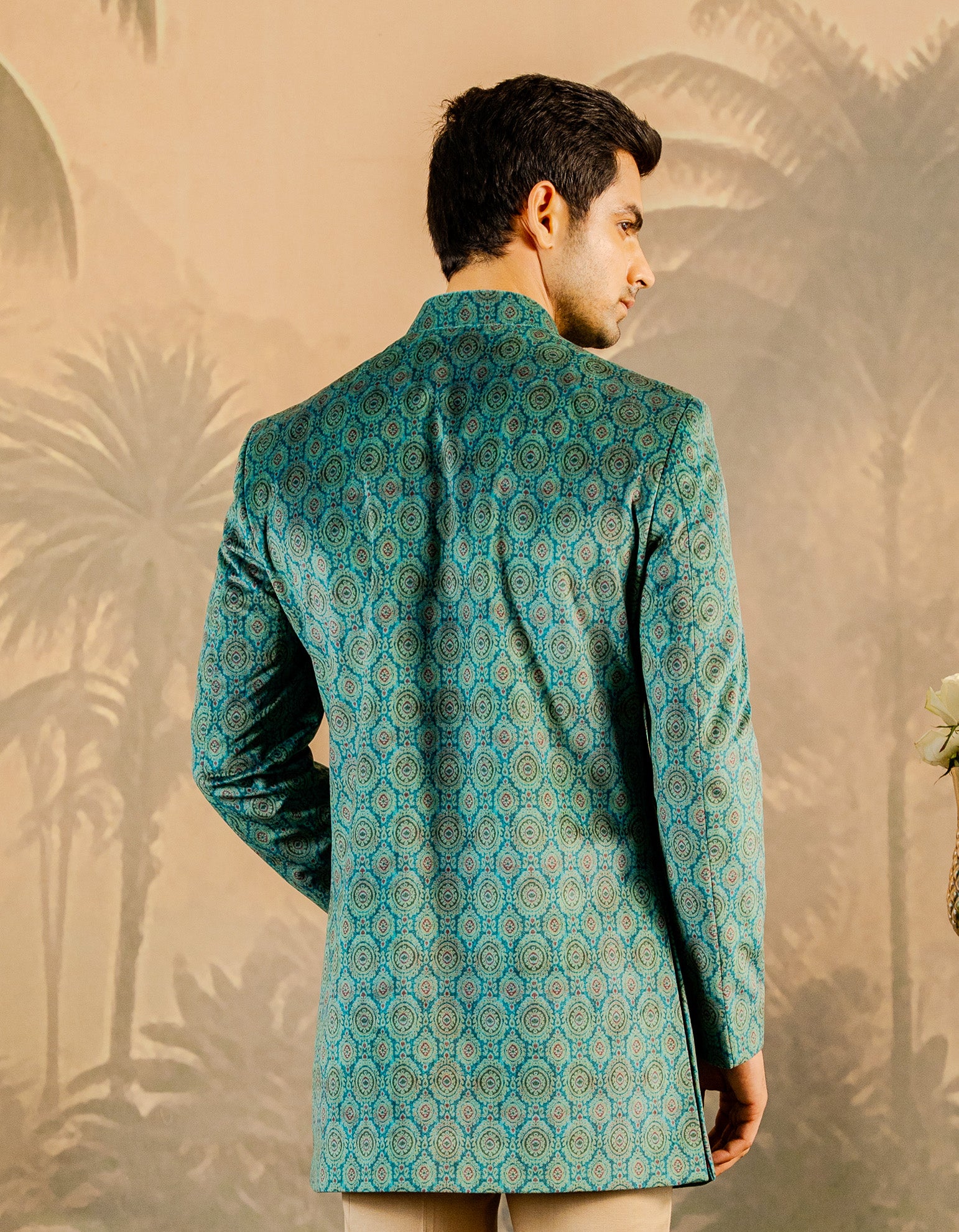 Timeless Long Green Velvet Bandhgala with Intricate Print for a Regal Look




