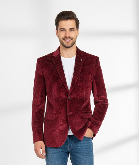 Maroon Printed Velvet Party Blazer