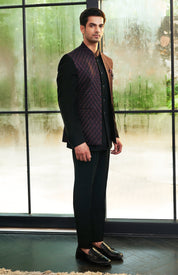 A stylish maroon embroidered open jacket bandhgala, perfect for festive occasions.
