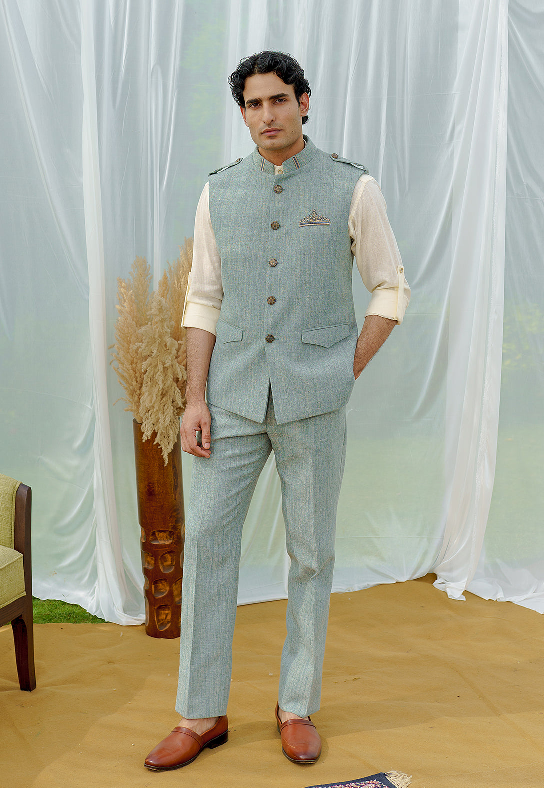 Men’s Olive Textured Shirt jacket set