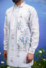 Close-up of the mint green linen kurta jacket set, highlighting the linen texture.
