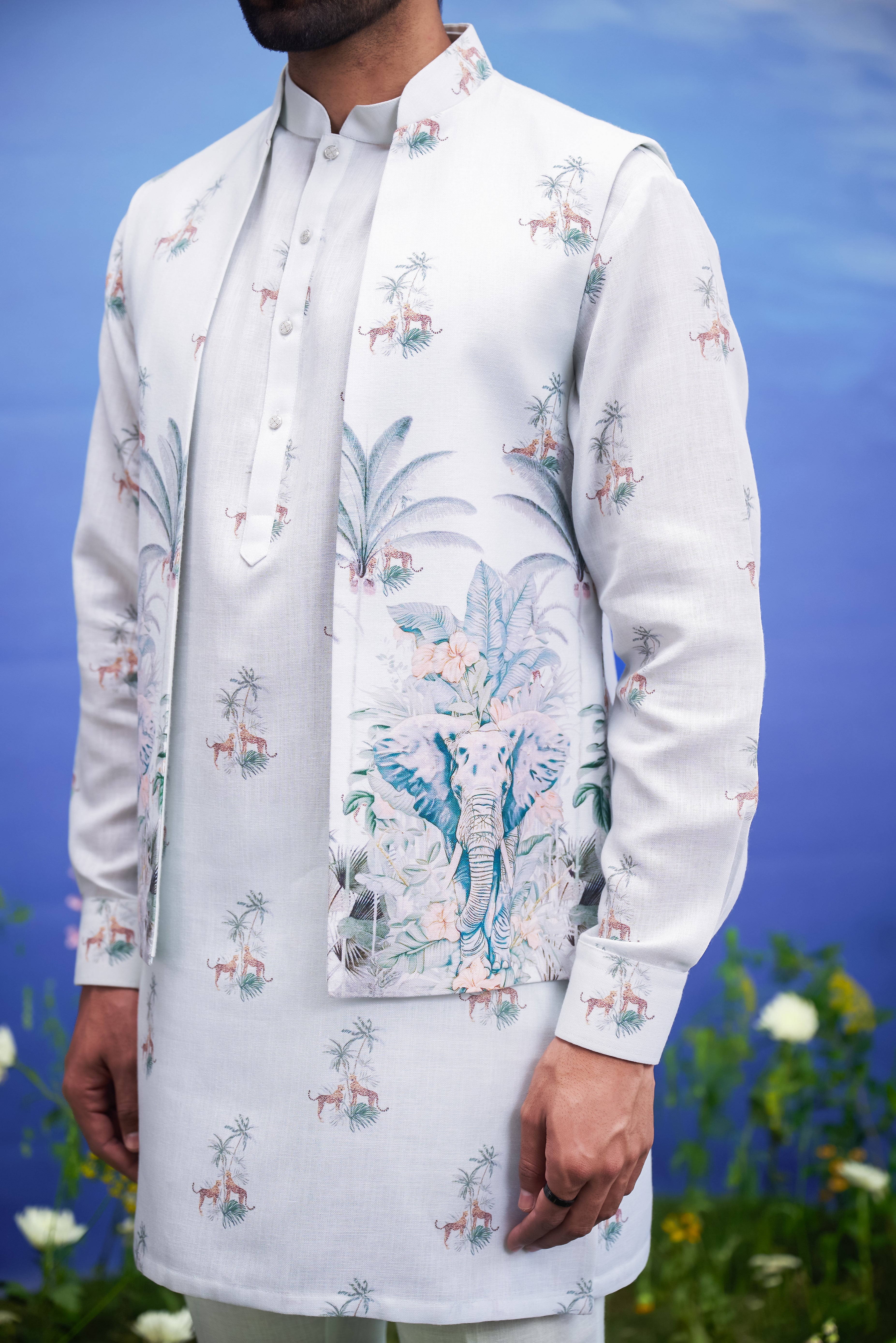 Close-up of the mint green linen kurta jacket set, highlighting the linen texture.