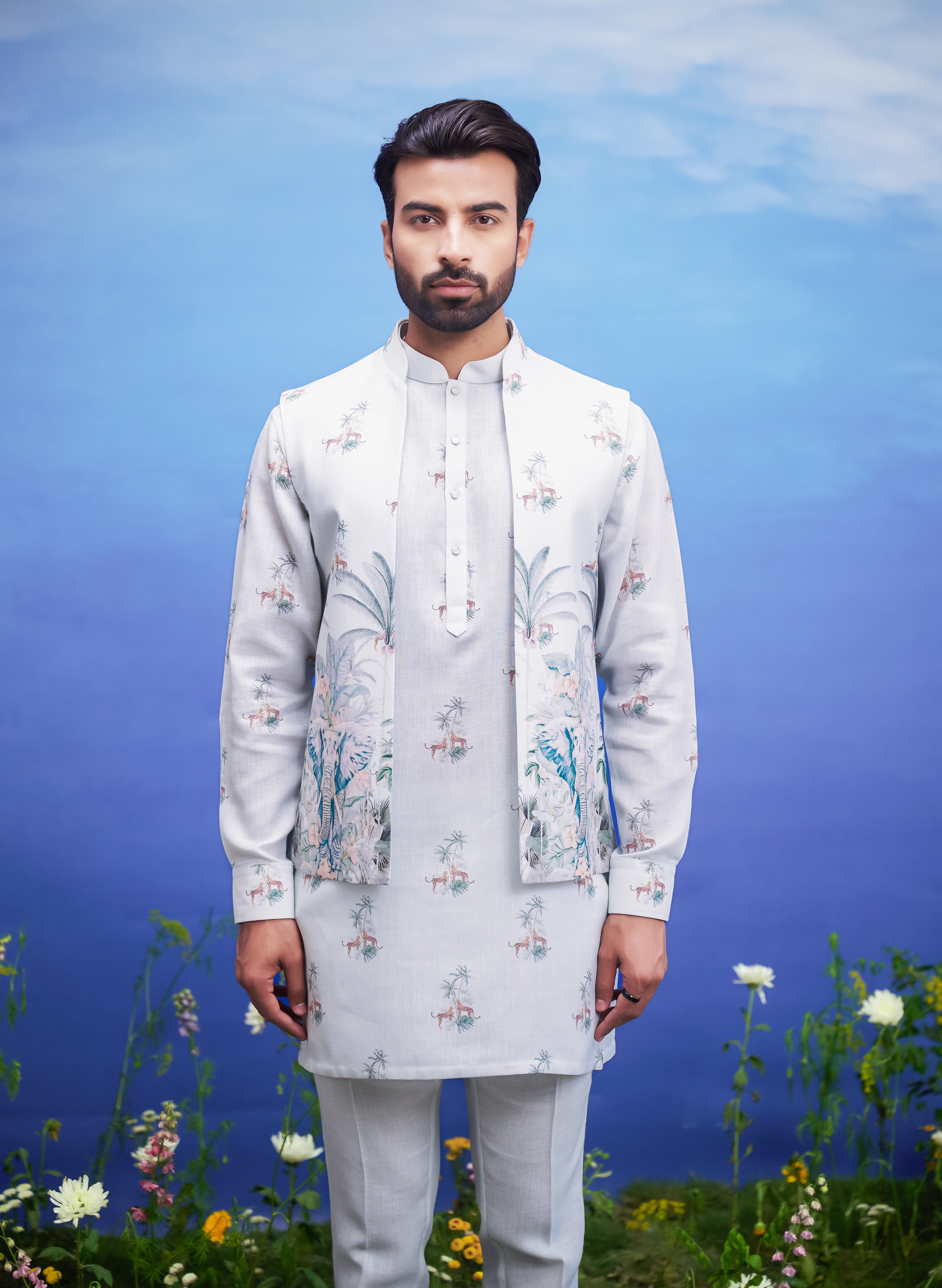 Men's mint green kurta jacket set, displayed on a product page with size options.