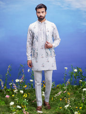 Mint green linen kurta jacket set, men's ethnic wear, featuring a linen blend kurta, jacket, and pajama.