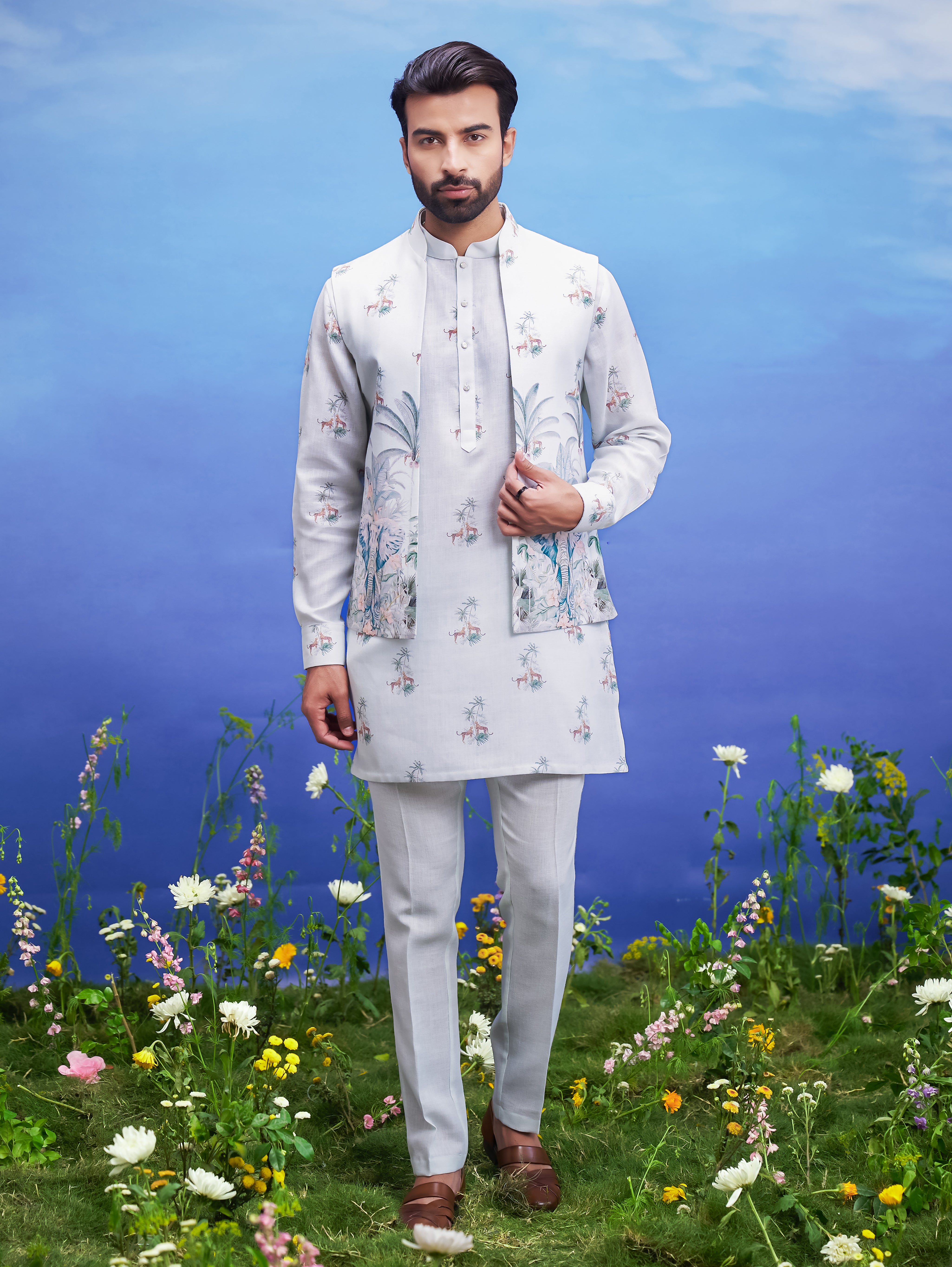 Mint green linen kurta jacket set, men's ethnic wear, featuring a linen blend kurta, jacket, and pajama.