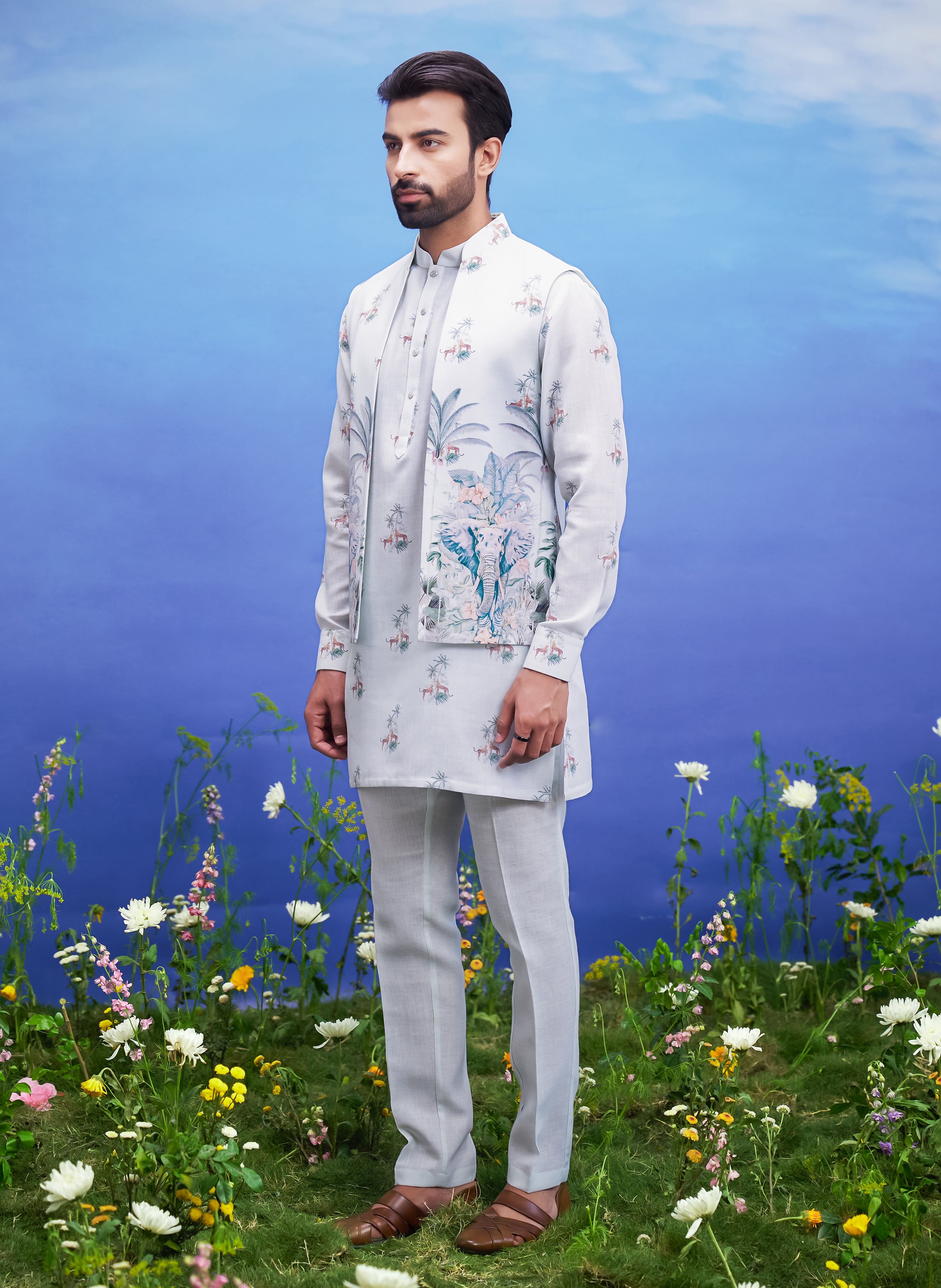 Men's mint green kurta jacket set featuring a linen blend kurta, jacket, pajama, and pin.