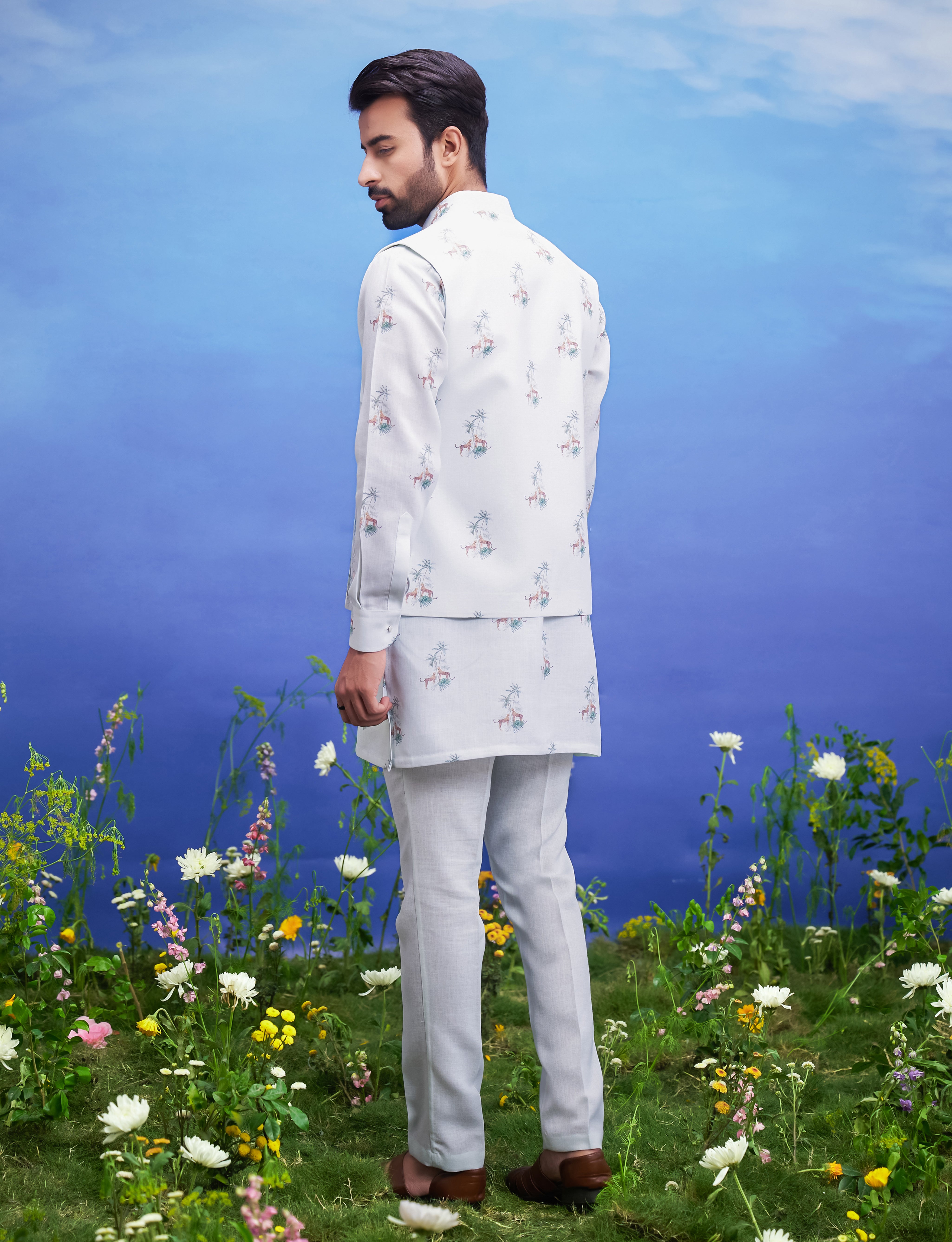 Mint green linen kurta jacket set for men, blending traditional style with comfortable linen, suitable for festive occasions.