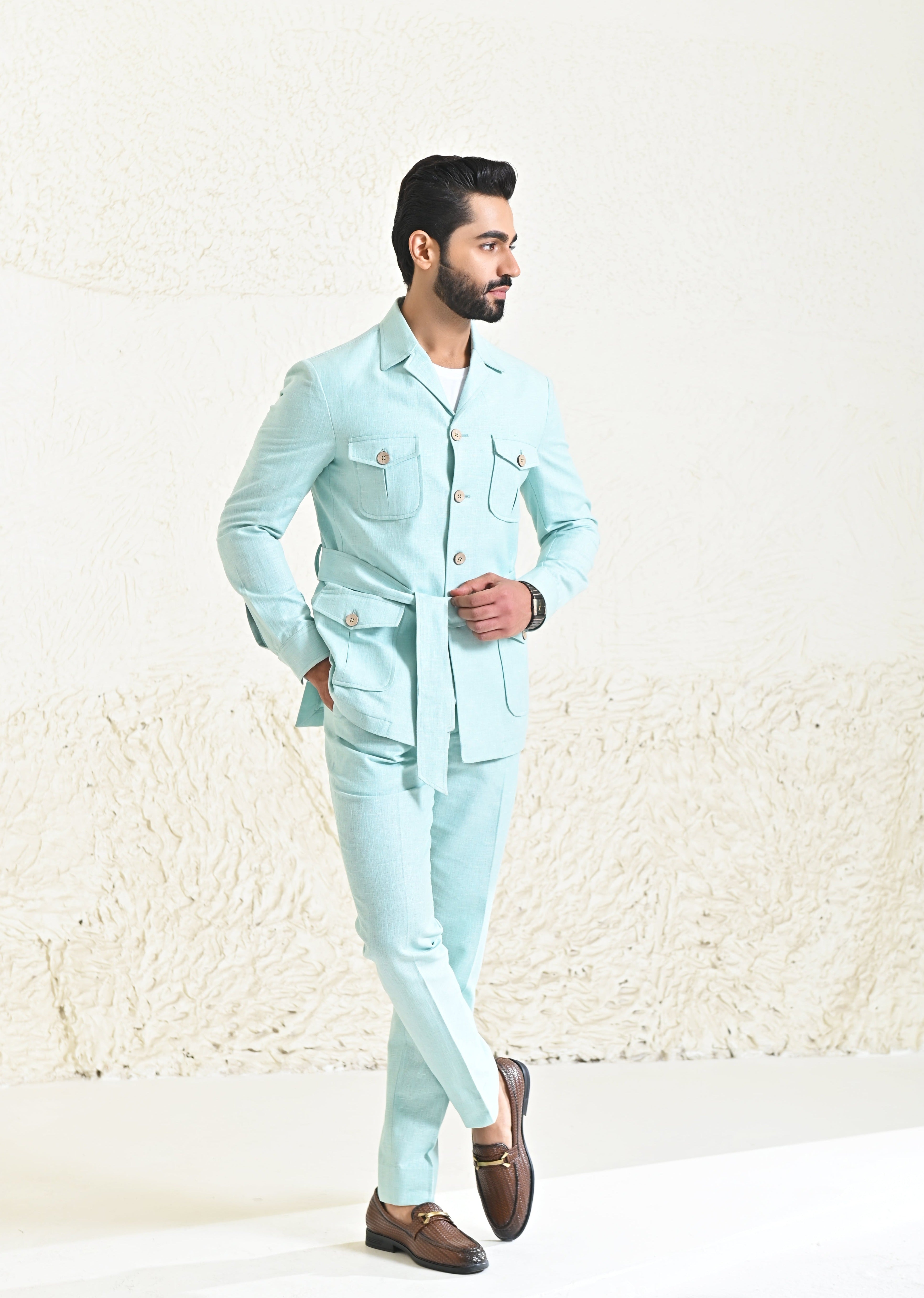 Stylish Mint Green Linen Co-ord Outfit with Belt - Perfect for Casual and Semi-Formal Occasions

