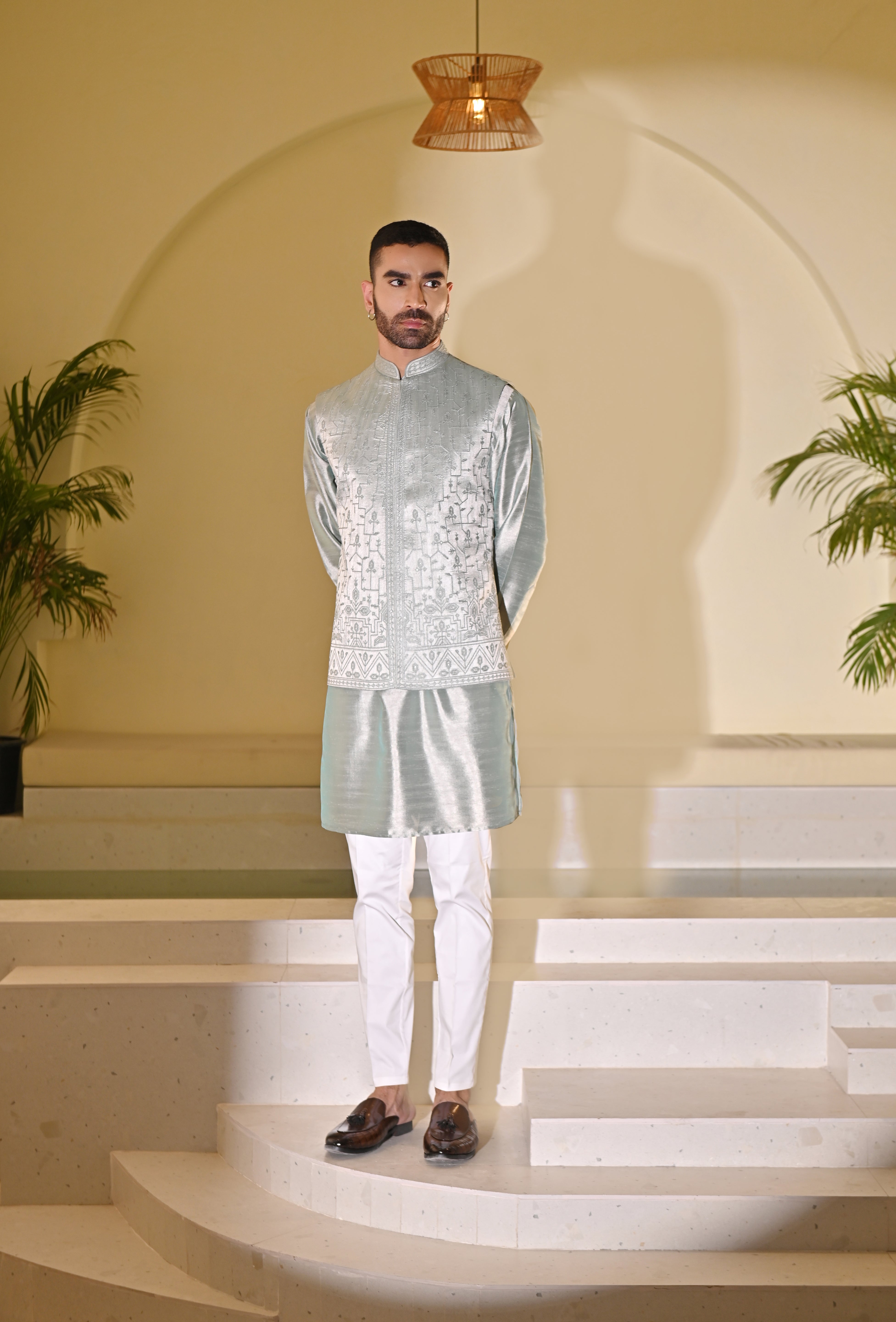 Elegant Mint Green Embroidered Kurta Bundi - Indian Ethnic Wear

