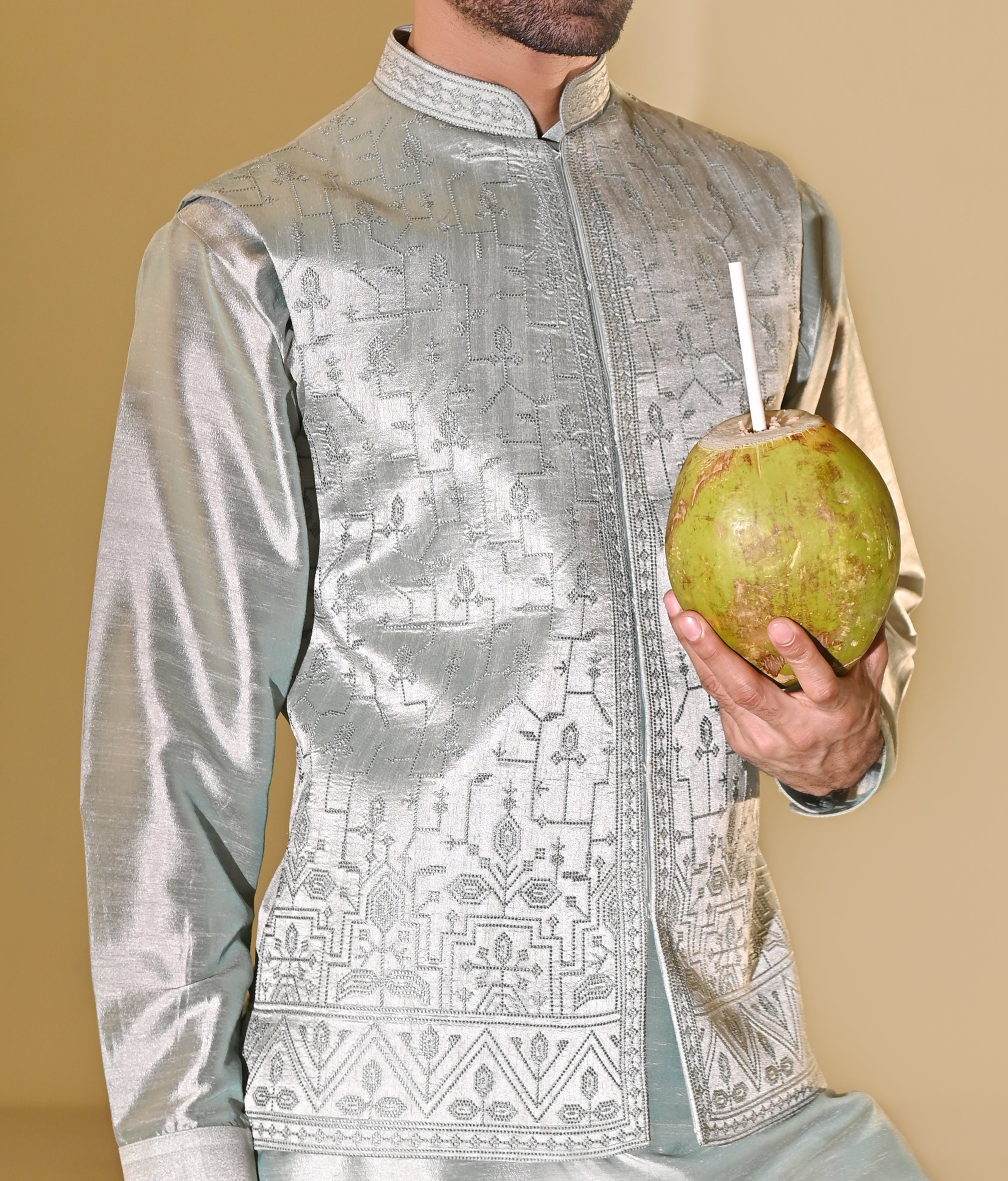 Stylish Mint Green Kurta Bundi Set with Embroidery - Perfect for Festive Occasions

