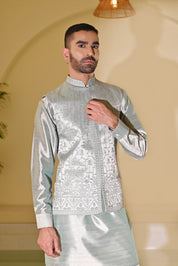 Men's Mint Green Embroidered Kurta Bundi Set - Fresh and Elegant Indian Attire


