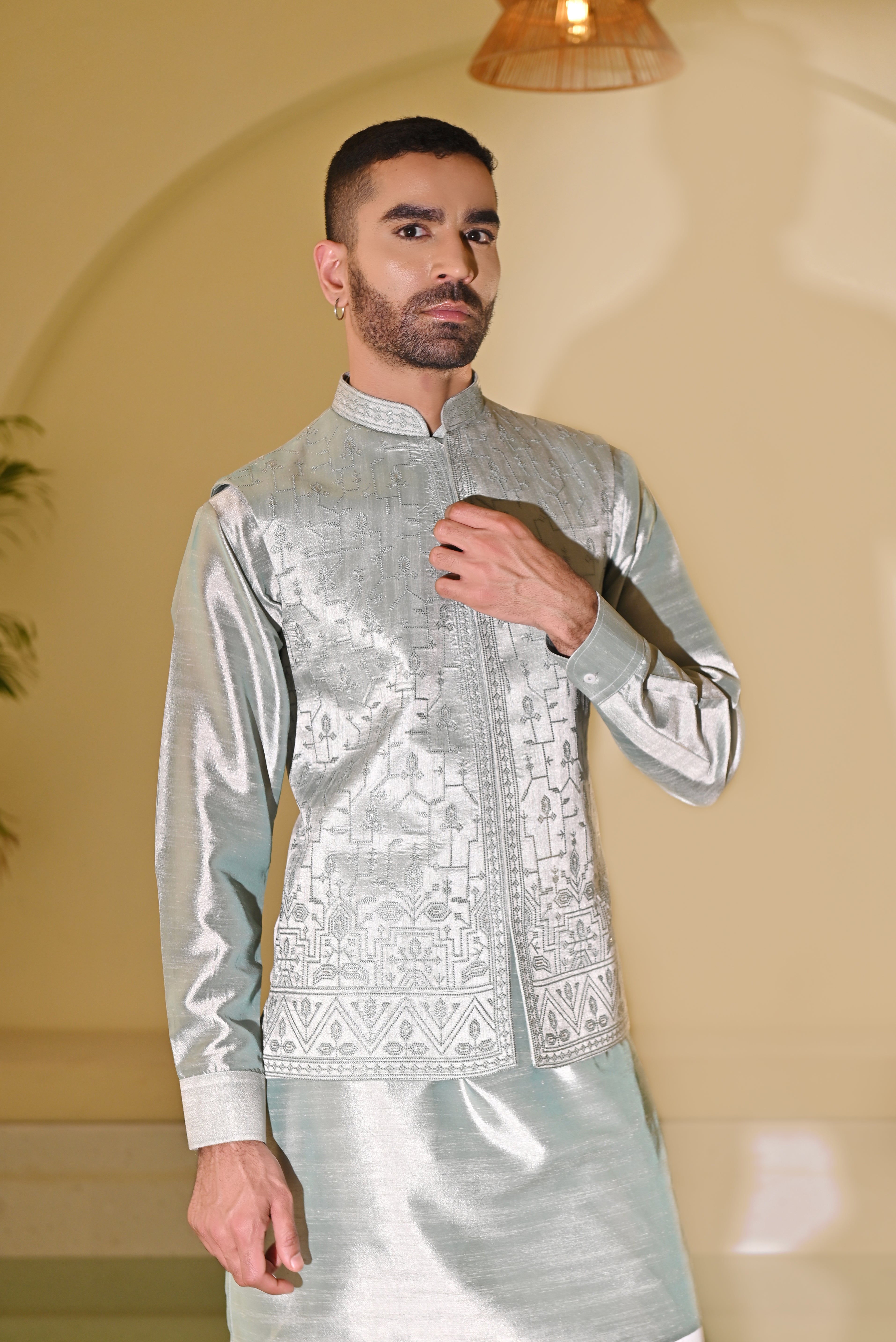 Men's Mint Green Embroidered Kurta Bundi Set - Fresh and Elegant Indian Attire

