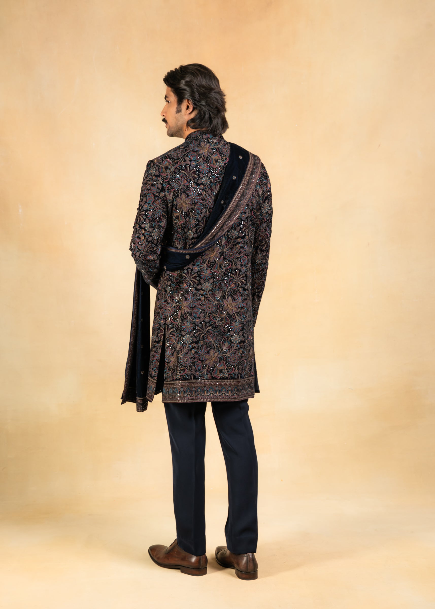 Multicoloured velvet indowestern with stole