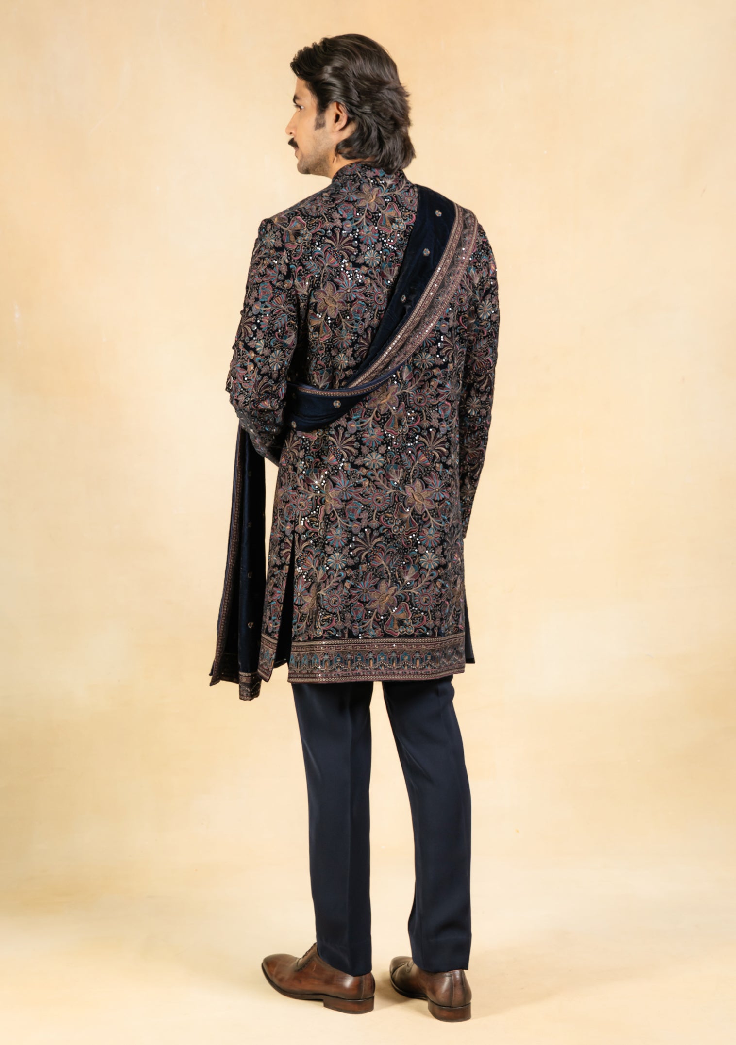 Multicoloured velvet indowestern with stole