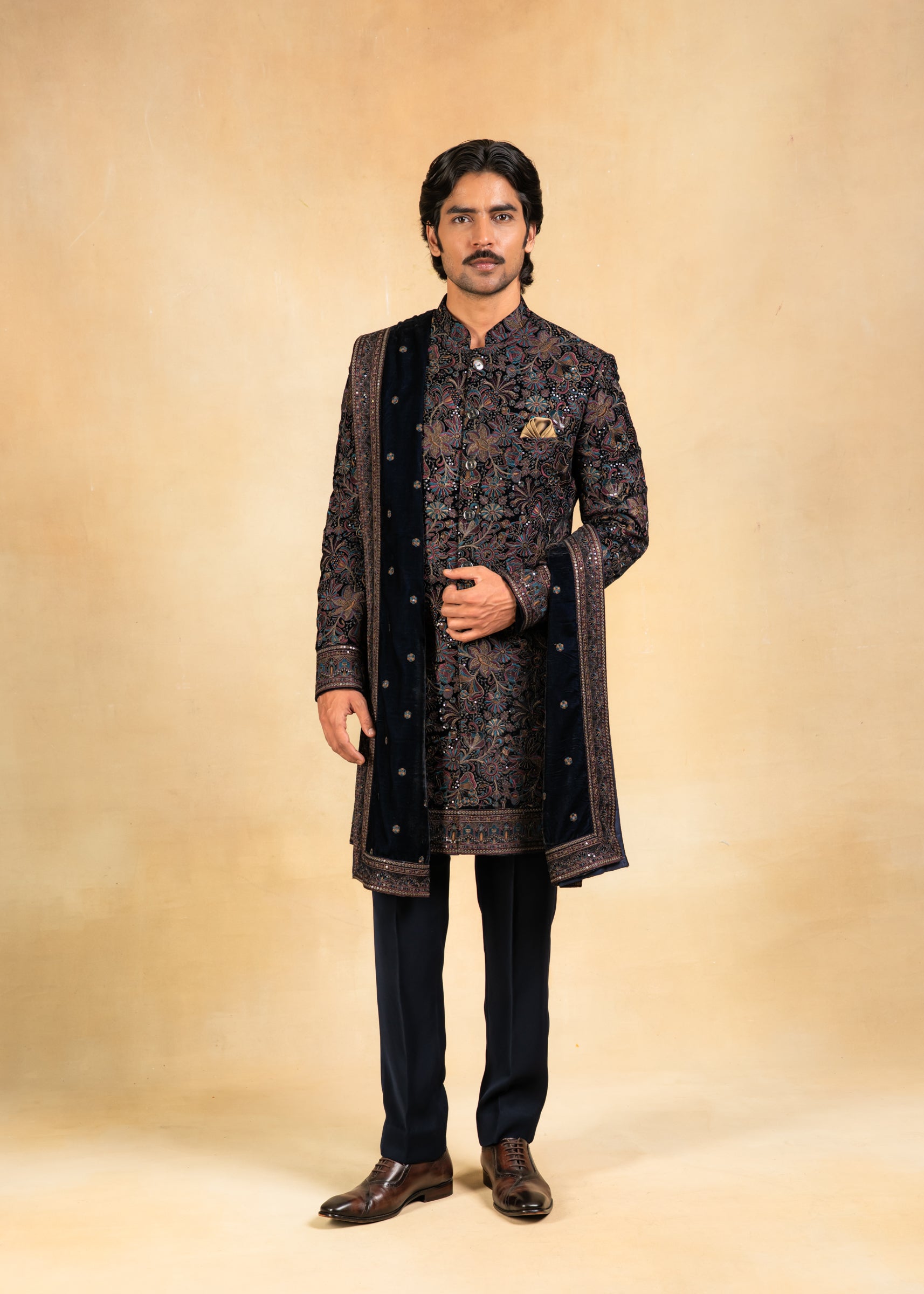 Multicoloured velvet indowestern with stole
